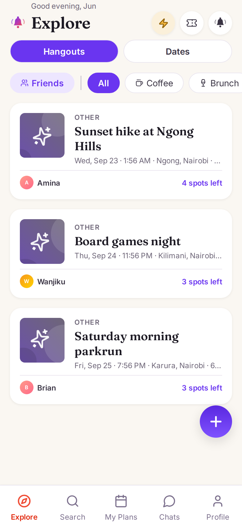 The Explore feed: a sunset hike, a board games night and a parkrun, each showing the host and how many spots are left.